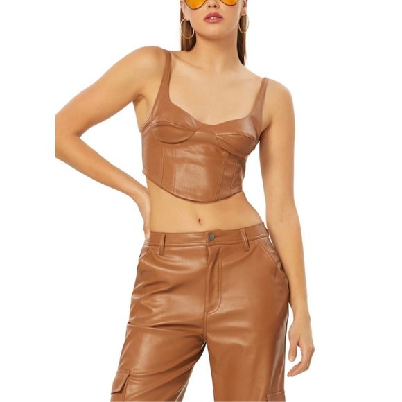 AFM Top Womens Small Brown Sugar Riza Faux Leather Corset Crop Top Sleeveless - Picture 1 of 6